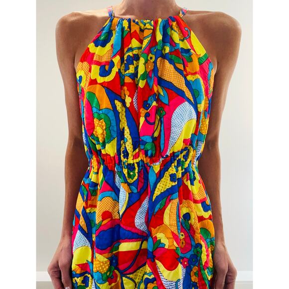Stunning Vintage 1970s Halter Neck Maxi Dress Bold Psychedelic Print Sm/Med JL - Picture 1 of 10